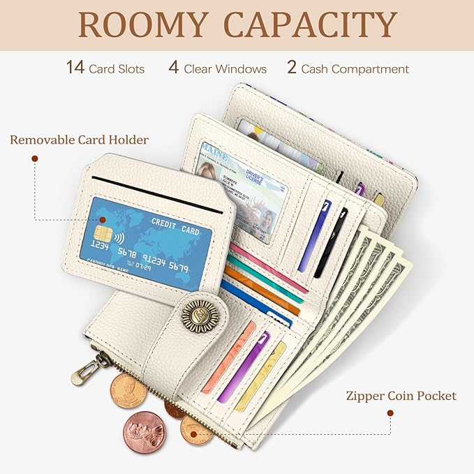 Icycay Cute Capybara Wallet Women Small RFID Blocking Bifold, Credit Card Holder, Zipper Coin Pocket, PU Leather, Compact, Travel, 4 ID Window, 14 Card Slots, Cash Purse, Ladies Woman Female Girls