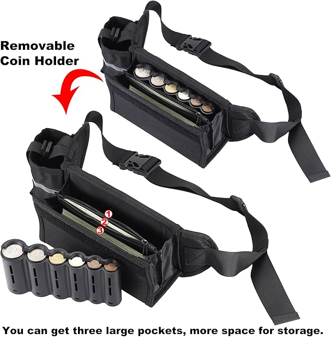 BSTKEY US Coin Holder Coin Dispenser with Water Bottle Holder, Fanny Pack with Banknote Waiters Purse Coin Sorter Coin Organizer, Black Coin Storage Bag with Belt for Waitress Serve Hiking Walking