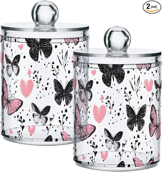 2 Pack Qtip Holder Organizer Dispenser Black Pink Butterflies Hearts Bathroom Storage Canister Cotton Ball Holder Container for Cotton Pads/Swabs/Floss