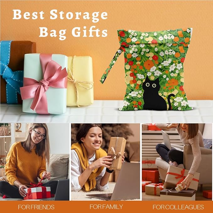 Black Cat Floral Wet Dry Bags Waterproof Wet Bags Reusable Swimsuit Bag Diaper Pouch for Travel Swimsuits Diapers Towels Cat Gifts for Women Friend Travelers 10 x 13 Inches