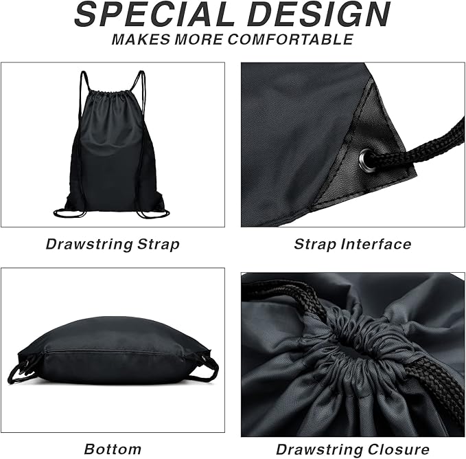 Drawstring Backpack Sports Water Resistant String Bag Sport Gym Sackpack for Women Men Large with Zipper, Black