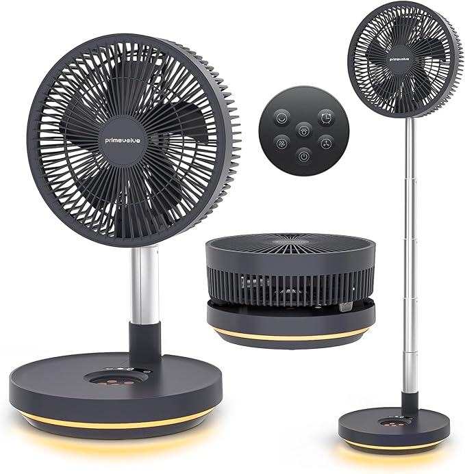 Primevolve 10000mAh Rechargeable Portable Oscillating Fan, 10" Battery Operated Pedestal Fan for Bedroom, Remote, 8 Speeds, Timer & LED Light, Adjustable Height, Outdoor Travel Camping (Dark Gray)