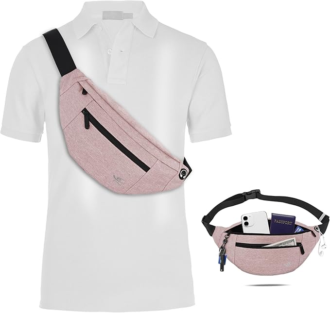 HiRui Large Crossbody Fanny Pack for Men Women Waist Bag Pack with 4-Zipper Pockets Phone Bag Fits All Phones Wallet Keys, Casual Hands-Free Waist Pack for Travel Workout Running (Pink)