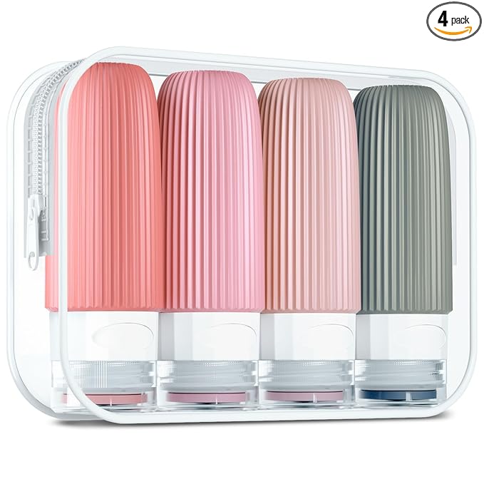 Mrsdry Travel Bottles for Toiletries, Tsa Approved 2oz Travel Bottles, BPA Free Leak Proof Travel Size Toiletry Containers, Refillable Travel Accessories with Toiletry Bag for Shampoo Liquid (4 Pack)