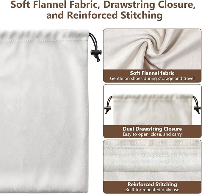 MERKFO Shoe Bags for Travel, 6 Pack Flannel Travel Shoe Bags for Luggage, Large Drawstring Shoe Dust Bags for Packing Shoes, Closet Storage, Fits Up to Men's Size 13, Beige