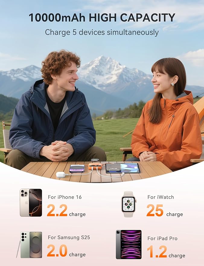 citicr Portable Charger, 10000mAh 22.5W Fast Charging Power Bank with Built-in Cables, Travel Battery Pack with LED Display for iPhone, Portable iWatch Charger for 11/10/9/8/7/6/5/SE/Ultra Orange