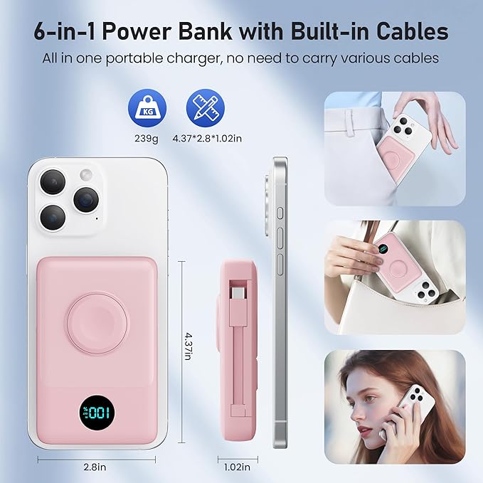 Ekrist Magnetic Portable Charger for MagSafe with Built-in Cable,iWatch Charger,Wireless Power Bank Travel Essentials,25W Fast Charging Battery Pack for iPhone 17/16/15,Apple Watch(Pink,10800mAh)