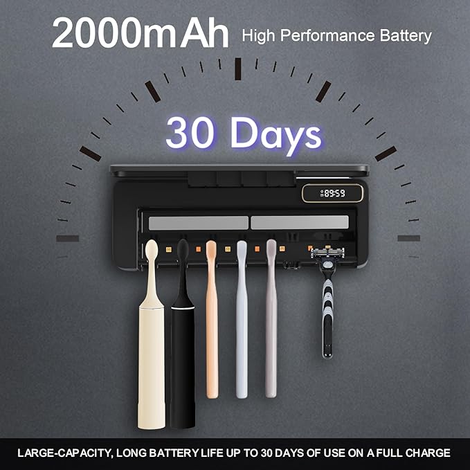 UV Toothbrush Sanitizer Holder for Bathrooms,Mold & Odor Removal & Timer Function Smart Home Bathroom Accessories, 5+1+1 Slots Rechargeable Cordless Wall Mounted Tooth Brush Holder (Black)