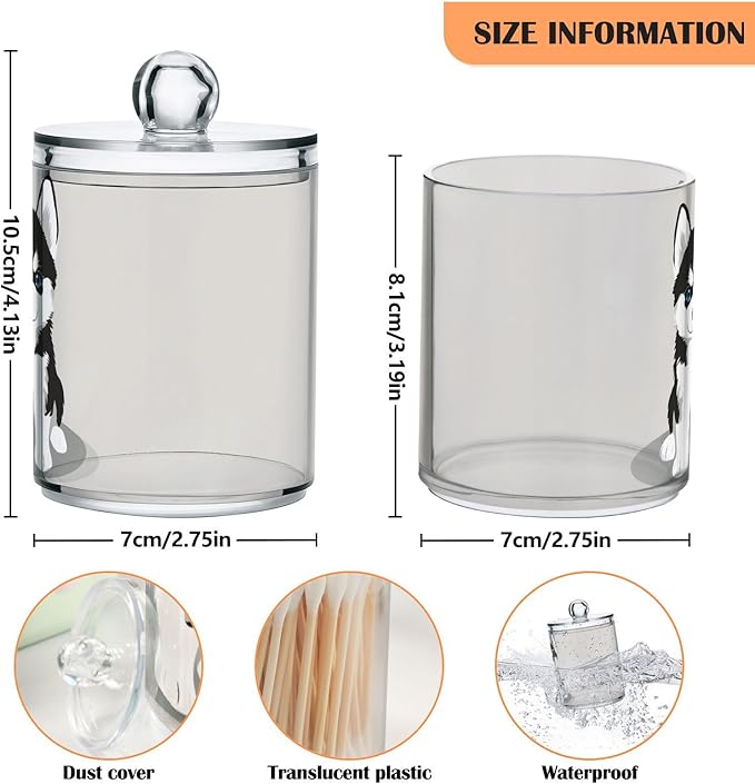 2 Pack Qtip Dispenser Apothecary Jars Dog Bathroom Organizer, Siberian Husky Puppy Qtip Holder Storage Canister Plastic Acrylic Jar for Cotton Ball/Swab/Rounds