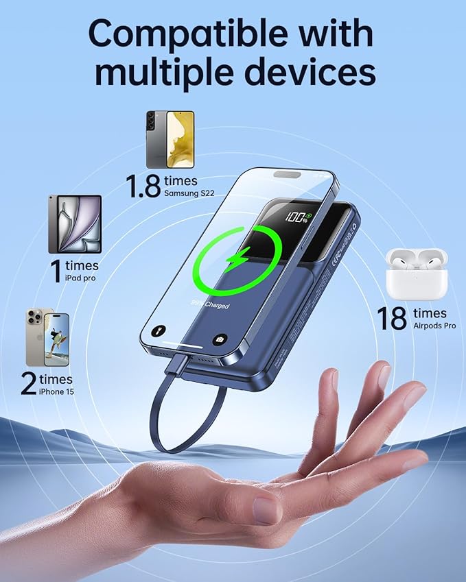 RONEGN Portable Charger with Built in Cable 10000mah USB C Power Bank Fast Charging Travel Essential Battery Pack for iPhone Samsung Android iPad etc