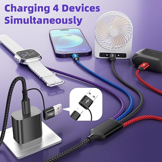 Travel 4 in 2 Multi Charging Cable for iWatch Charger/iPhone 17/IP, Life Essentials Multiple Charger Cord for iWatch Ultra/SE/11-2, iPhone 17-11, Galaxy S25-21, iPad (2PACK 5FT)