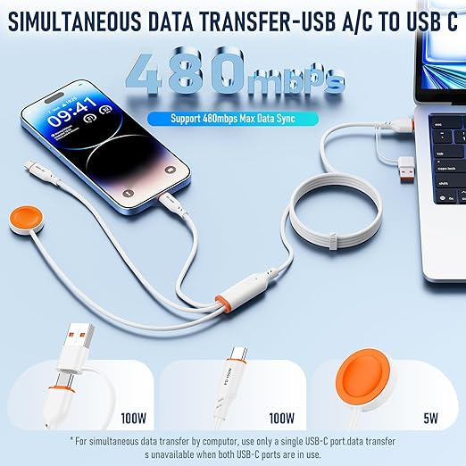 Travel Essentials 3 in 2 Multi Charging Cable 100W USB A/C to Dual USB C/for Apple Watch Charging Cable Silicone Fast Charge Compatible with iPhone 17-15 Series iPad MacBook, Type-C Devices 5FT-White