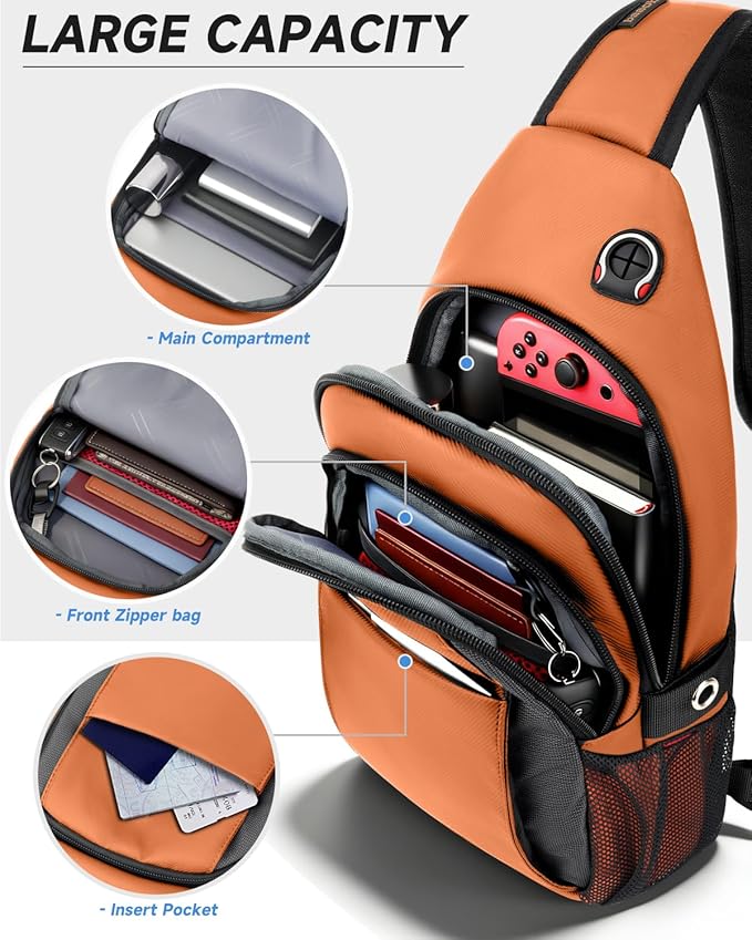 Expandable Sling Bag for Women, Anti-Theft Crossbody Bag with Side Pocket & Earphone Hole, Hiking Chest Pack for Travel, College & City Commute, Fits 11 inch iPad, Switch 2, Orange
