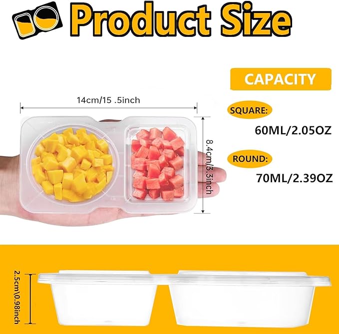 15pcs Reusable Snack Containers with Lids,2025 New 2 Compartment Plastic Containers for Pack Snacks,Leakproof Double Compartment Condiment Pack for Meal Prep, Portion Control,On-the-Go School Travel