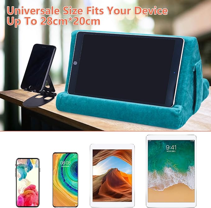 2pcs Multi-Angle Tablet Holder Cushion Stand with Net Pocket & Black Color Phone Stands Upgraded Tablet Pad Support for Phone,Pad,Books (Lakeblue)