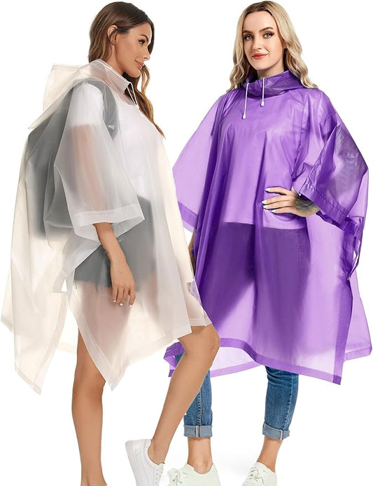 2 Pack Rain Ponchos for Adults Reusable - Raincoats Survival Emergency Heavy Duty Rain Coat with Drawstring Hood