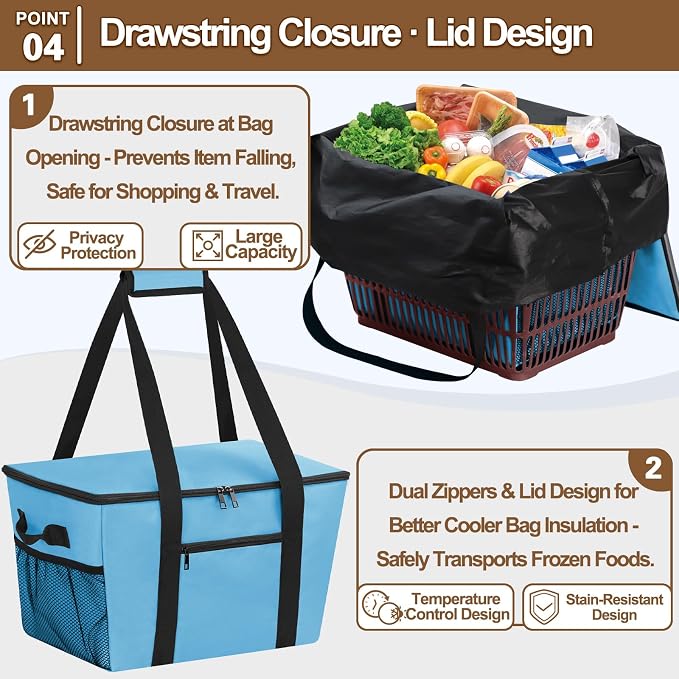 Reusable Grocery Bag – Expandable Insulated Cooler Bag with Bottom Board, Collapsible Insulated Shopping Bag with Zipper & Drawstring, Heavy Duty Tote Bag for Shopping, Delivery, Picnic, Beach