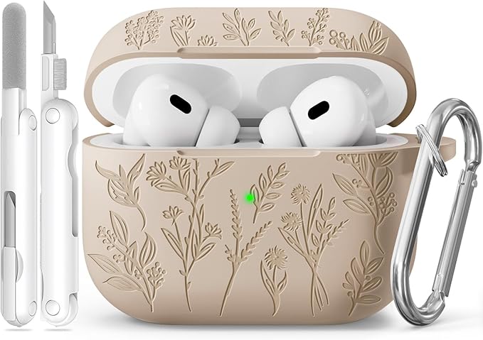 for Apple AirPods Pro 2nd/1st Generation, Soft Silicone Flower Engraved AirPods Pro 2 Gen Protective Case Cover for Women Airpod Case with Clean Kit,Carabiner,Front LED Visible,Sand Powder