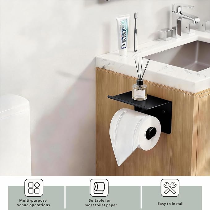 Toilet Paper Holder with Shelf, Heavy-Duty Stainless Steel Bathroom Hardware, Self-Adhesive No-Drill/Drill-Mount Wall-Mounted Roll Holder, Rust-Proof Bathroom Tissue Rack (Black)