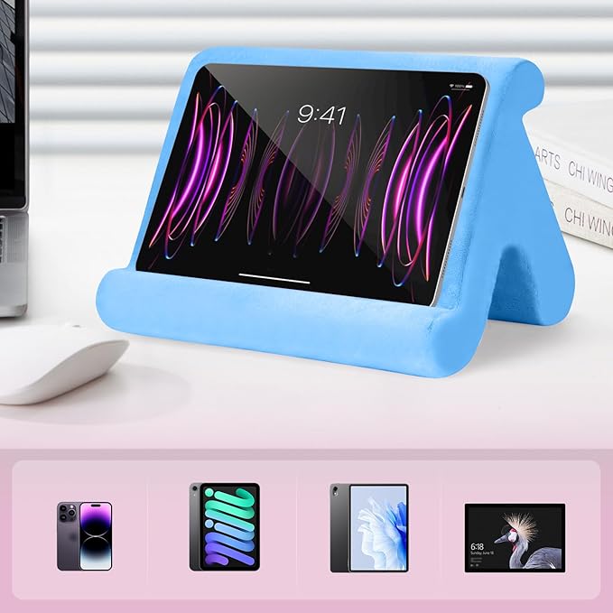 Universal Multi-Angle Tablet Stand Holder-Soft Pad Stand with black phone holder for Lap,Knee,Sofa and Bed,Compatible with iPad Pro 9.7,10.5,12.9 Air Mini 4 3,Kindle,Galaxy Tab,E-Reader (Blue)
