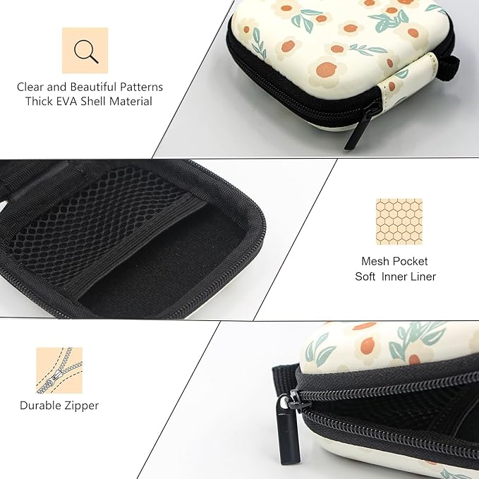 Earbud Case,Headphone Organizer Earbud Storage Bag, Hard EVA Shockproof Cover Carrying Case with Carabiner Clip Compatible with AirPods 4 AirPods Pro 2nd /3/2/1 Bose Galaxy (Small Flower)