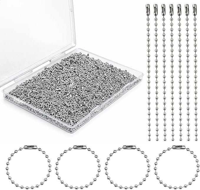 400 Pcs Long Bead Ball Chain Keychain 3.9 Inch Silver Ball Connector Clasp 2.4mm Diameter Metal Necklace Chains for Dog Tags Hanging Keychains, Jewelry Making Accessories