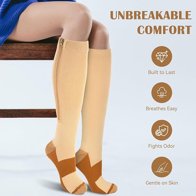 3 Pairs 15-19mmHg Zipper Compression Socks for Women and Man,Black Compression Socks with Zipper for Sports, Travel, Pregnant and office Workers