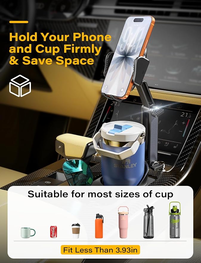 TAZENI 2-in-1 Cup Holder Cell Phone Holder for Your Car Bottle Friendly Cup Cell Phone Holder Mount for Car Height Adjustable Sturdy Fit 4.7-7 inches Phones