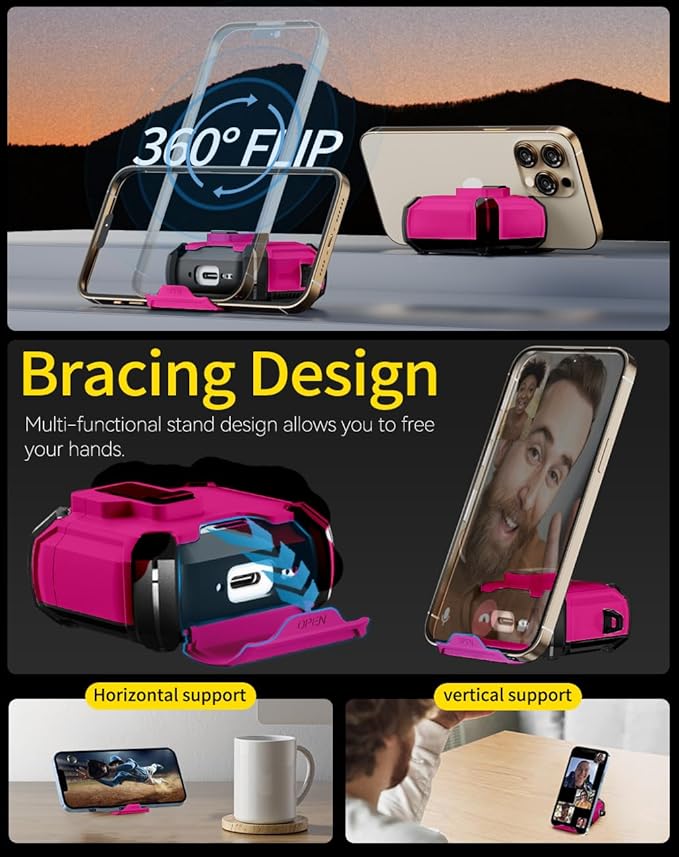 Pohgelan Compatible with AirPods 4 Case,Magnetic Automatic Lock with Phone Stand & Cleaning Kit,Compatible with Magsafe Cover -Rose red
