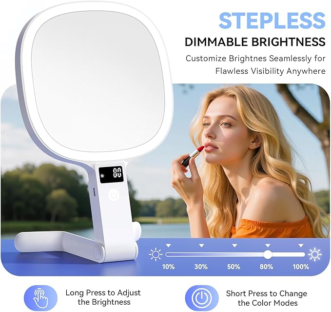 Auxmir 30X/1X Travel Makeup Mirror with Lights, Rechargeable Lighted Magnifying Mirror with LED Display, 3 Color Dimmable Vanity Mirror, Foldable Portable Mirror for Tabletop/Handheld/Hanging, White