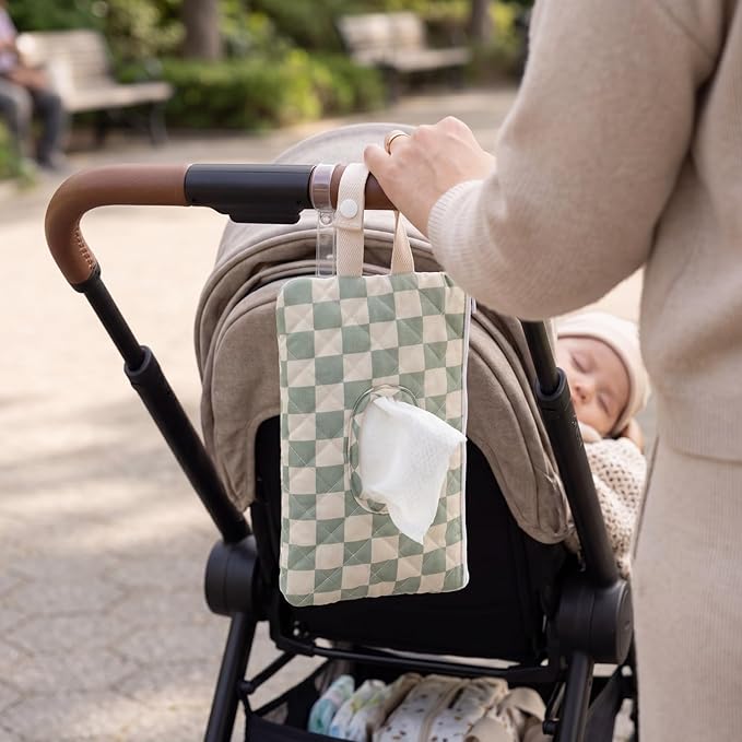 Quilted Green Plaid Baby Wipe Holder Fabric Wipes Organizer Bag with Handle Portable Wet Wipes Pouch for Baby Travel Home Car Stroller