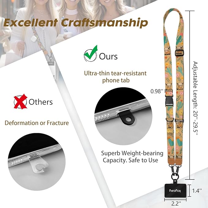 Icycay Phone Lanyard Crossbody, Highland Cow Cell Phone Strap for Around The Neck Adjustable, Western Teacher Anti Theft Cute Lanyard for ID Holder Keys Accessories Travel Essential