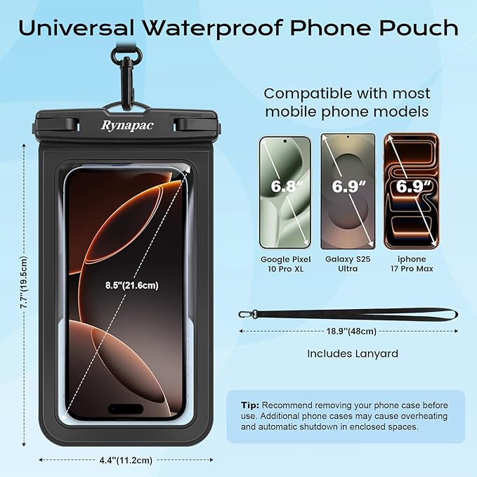 Rynapac Waterproof Phone Pouch [Up to 8.5"] - 2 Pack, IPX8 Waterproof Phone Case with Lanyard for iPhone 17 16 15 Pro Max, Touchscreen & Photograph, Cellphone Dry Bag for Beach Cruise Essentials 2026