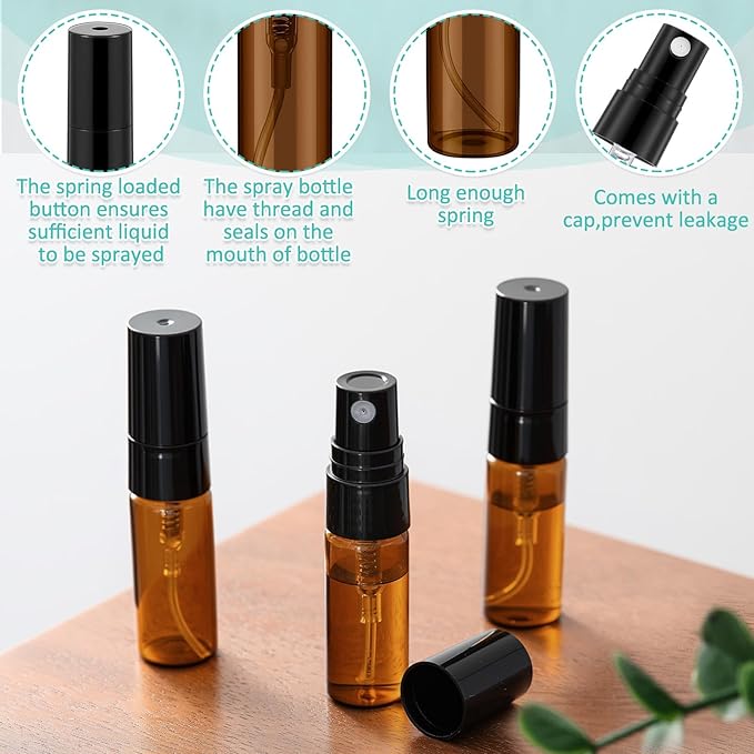 Zhehao 1 Pcs Mini Spray Bottles 3 ml Clear Glass Perfume Bottles Refillable Fine Mist Perfume Atomizer Portable Empty Sample Containers for Cleaning, Essential Oils, Travel (Amber)