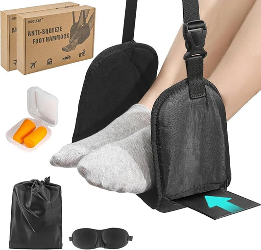 2 Pack Foot Hammock for Plane Travel - Anti-Squeeze Airplane Foot Rest, Portable Foot Sling for Long Flight with Support Board/Memory Foam, Footrest Leg Rest for Air Travel Accessories