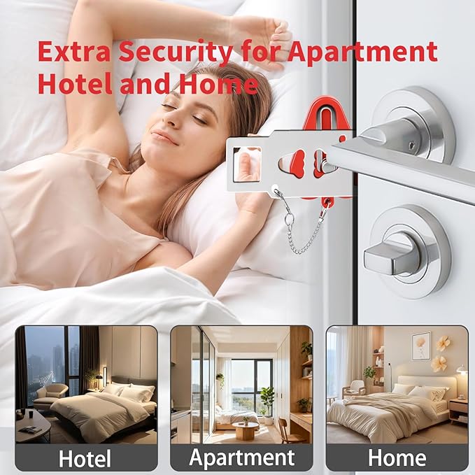 Portable Door Lock & Door Stop Alarm Set, Dual Protection Home Security Door Kit, Travel Hotel Lock Devices Pocket Self Defensey Tools for Traveling Hotel Home Apartment,Red