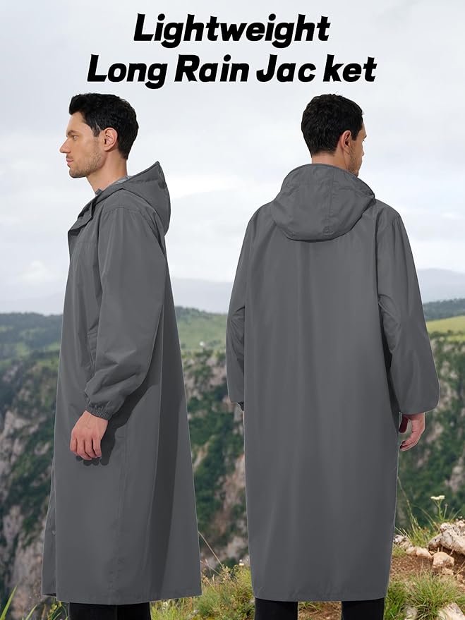 UIQUR Men's Rain Jacket Lightweight Long Raincoat Hood Rain Poncho Waterproof Windbreaker Cycling Running Hiking Packable