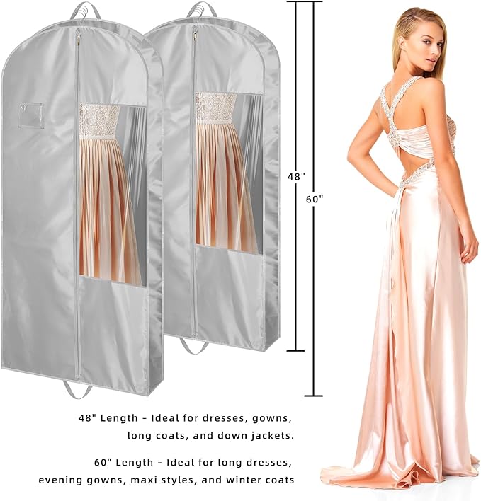 Garment Bags for Hanging Clothes and Travel with 4" Gusseted, Suit Cover for Clothes,Coats,Suit,Jackets,Dress,Shirts,Skirt.(Silvery-48"-2pcs-Satin Fabric)