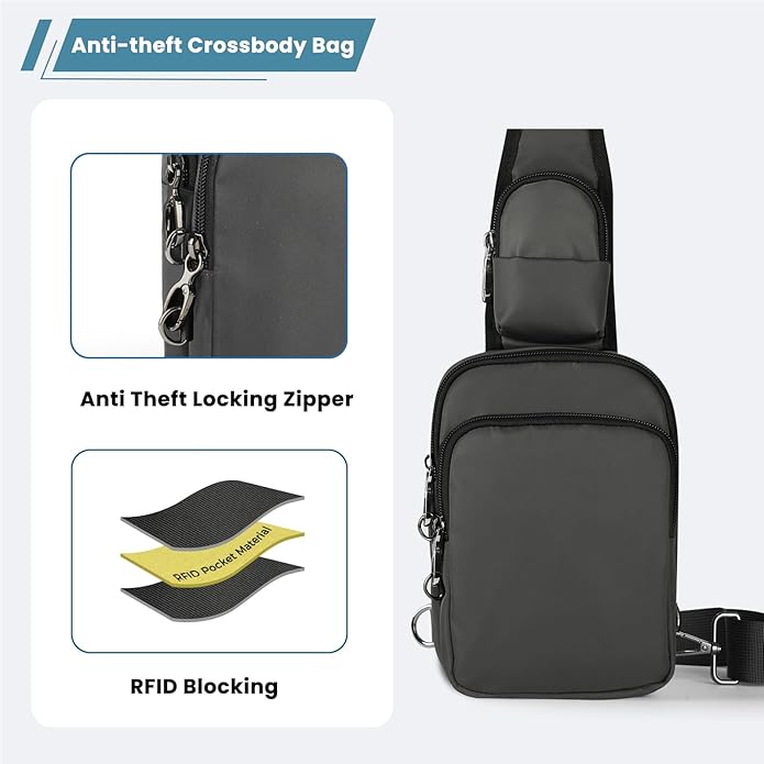 Sling Bag, Crossbody Bag with Zipper Lock, RFID & Water Resistant for Women and Men Small Chest Bag for Travel Casual