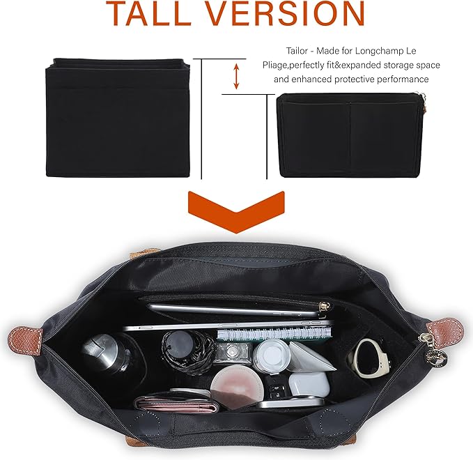 Premium Felt Purse Organizer Insert for Longchamp Le Pliage M, Zipper Long Champ Bag Organizer Insert with Cup Holder, 9 Compartments(Black, Medium)