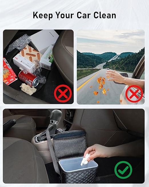 BELINOUS Leather Car Trash Can with Matching Tissue Holder, Waterproof and Leakproof Mini Car Trash Can with Lid, Small Garbage Bin with Adjustable Strap
