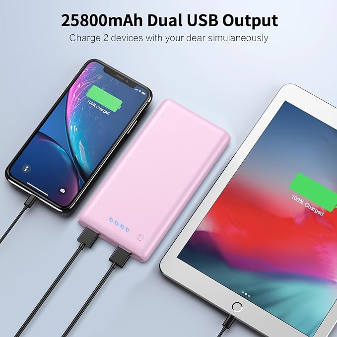 Portable Charger Power Bank 25,800mAh,Ultra-High Capacity Fast Phone Charging with Intelligent Smart IC,2 USB Port External Cell Phone Battery Pack Compatible with iPhone 17 16 15,Samsung,Android-Pink