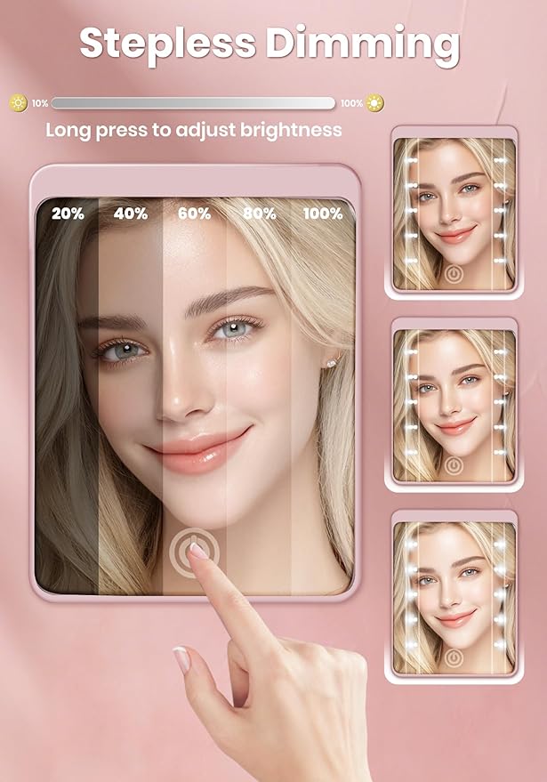 Compact Mirror, Rechargeable 30X Magnifying Mirror with 3 Lighting Modes & Dimmable Brightness, Portable Travel Makeup Mirror with Light, Essentials for Travel, Pocket, Purse Pink