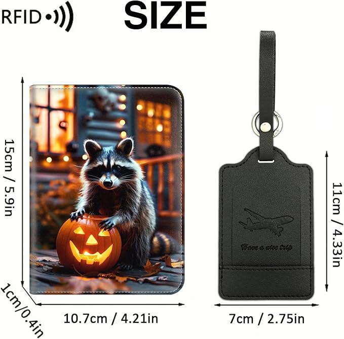 Passport Wallet, Passport Holder with RFID Blocking and Luggage Tag, Waterproof PU Leather Travel Documents Organizer Case, Passport Covers with Card Slot for Women & Men, A Raccoon and Pumpkin
