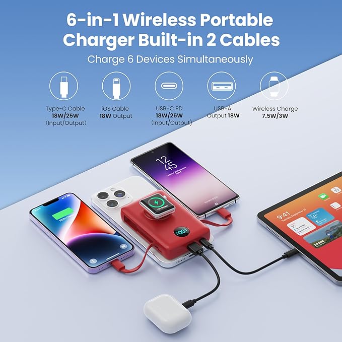 Ekrist Magnetic Portable Charger for MagSafe with Built-in Cable,iWatch Charger,Wireless Power Bank Travel Essentials,25W Fast Charging Battery Pack for iPhone 17/16/15,Apple Watch(Red,10800mAh)