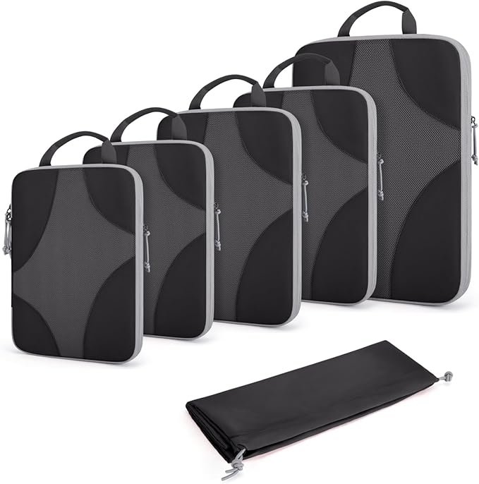 BAGSMART Compression Packing Cubes for Travel, 6 Set/14 Set Compressible Luggage Organizer for Cruise Ship, Lightweight Travel Essentials (1L+2M+2S+Shoe bag+Drawstring bag+Toiletry bag+6Plastic bags)