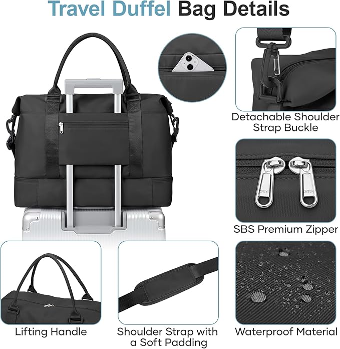 Overnight Weekender Bags for Women,Vacuum Travel Duffel Bag with Air Pump, Personal Item Travel Bag with Shoes Compartment & Compression Pocket,Black