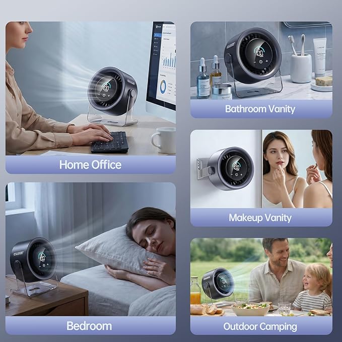 USB Desk Fan for Bedroom: 100 Speeds Digital Display Quiet Portable Fan with Turbo Airflow, 120° Rotating Small Rechargeable Battery Desktop & Wall-Mounted Fans for Bedroom Home Office (Black)