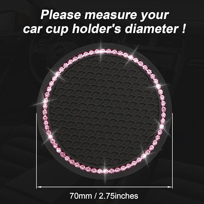 Yousheng 2PCS Bling Car Cup Coaster, Universal Holder Insert Rhinestone Anti Slip Silicone Accessories Suitable for Most Interior, Best Gift Women, Black and Pink