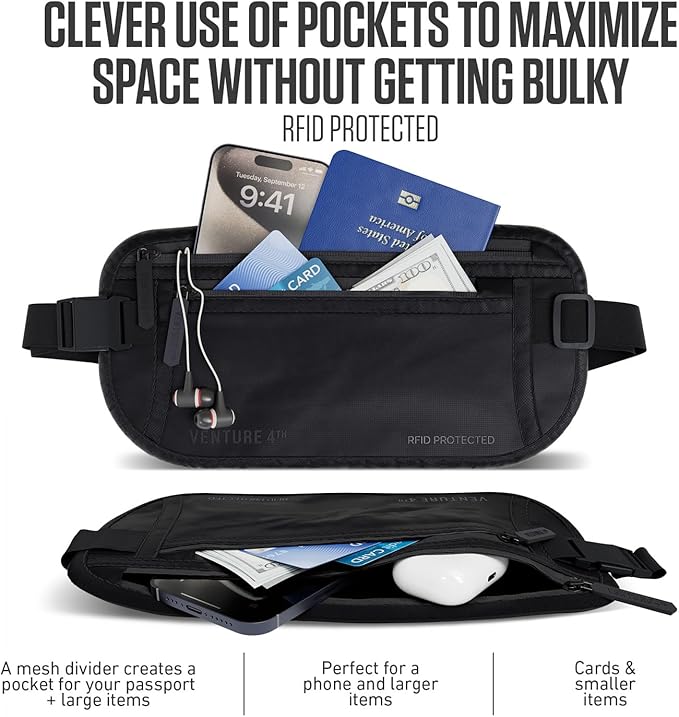 VENTURE 4TH Money Belt for Travel – Slim Hidden Under-Clothes RFID Blocking Anti-Theft Passport Holder & Travel Wallet Pouch for Men & Women to Protect Cash, Cards & Documents (Sleek Black)